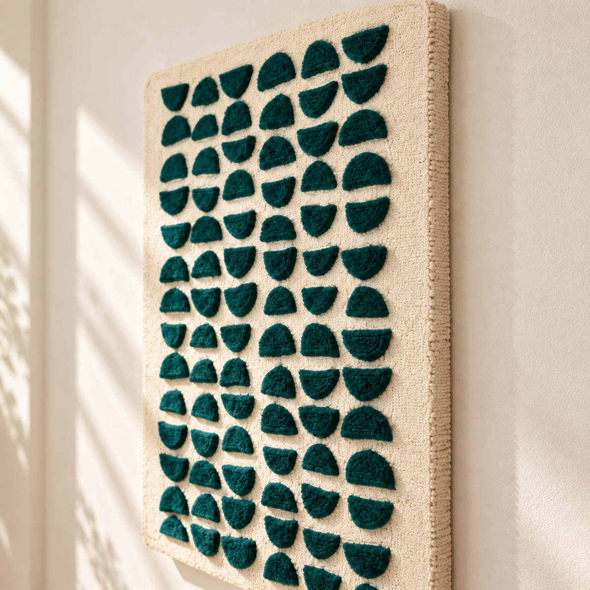 Teal Half Moon Cadence wall art by Hewn Earth, showing a geometric, handcrafted teal-colored half moon design.