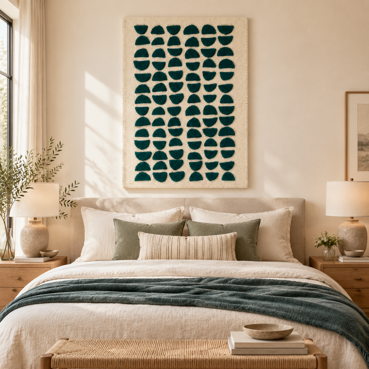 Teal half moon wall art by Hewn Earth displayed in a modern room scene, showcasing its artistic and decorative design.