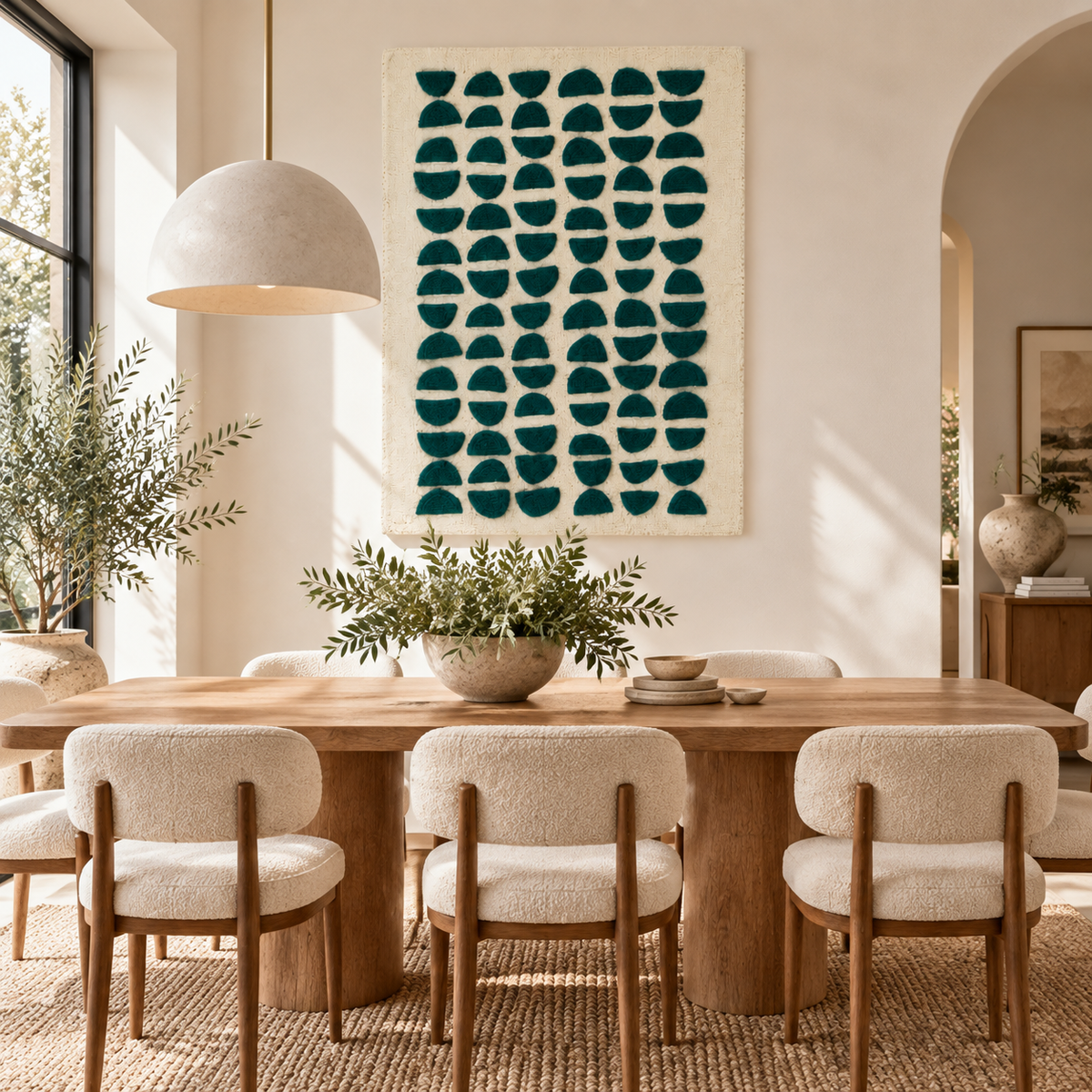 Teal Half Moon Cadence wall art by Hewn Earth displayed in a modern room setting, showcasing abstract circular design.
