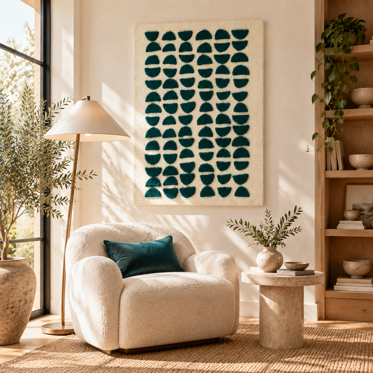 Teal Half Moon Cadence wall art by Hewn Earth hanging above a cozy living room scene.