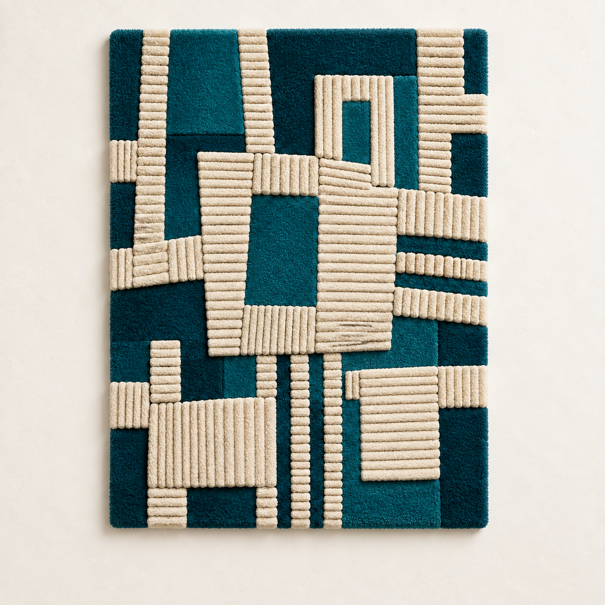 Hewn Earth teal and ivory woven wall art featuring window-shaped design with textured woven pattern on a light background