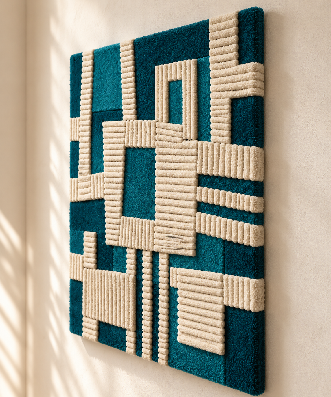 Teal and ivory woven wall art featuring window patterns from Hewn Earth, displayed at an angled view.