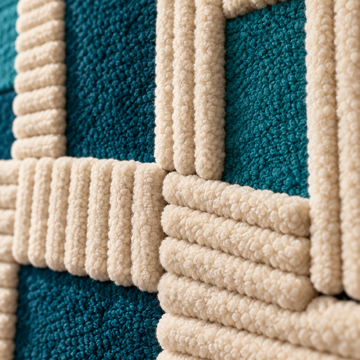 Close-up of Hewn Earth teal and ivory woven wall art featuring intricate window-like patterns and textured weaving details.