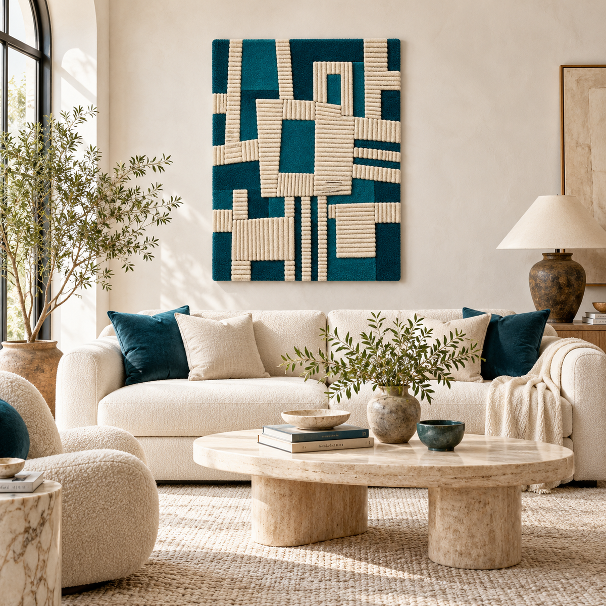 Teal and ivory woven wall art featuring window designs by Hewn Earth, decorative woven textile for home decor.
