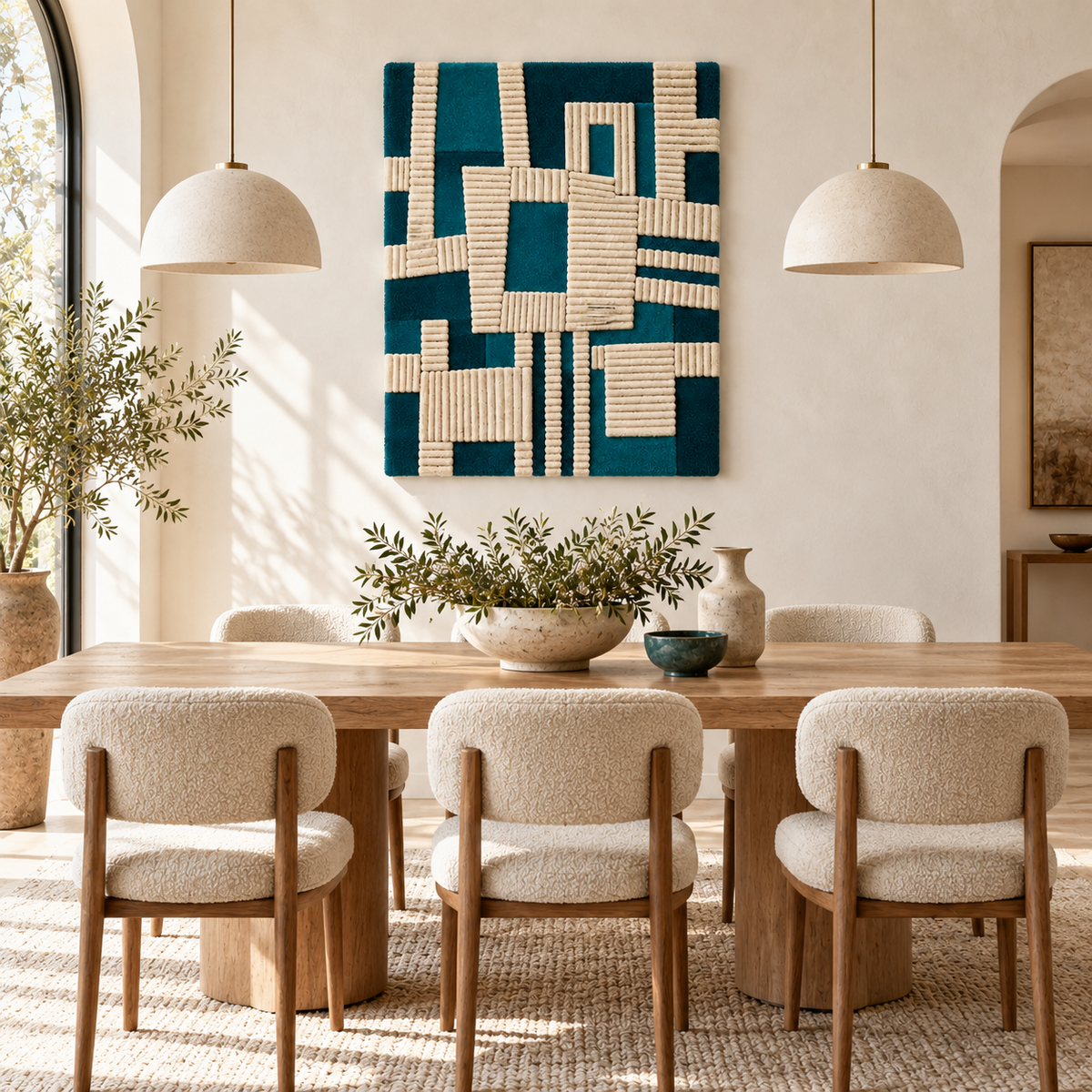 Teal and ivory woven wall art with window design by Hewn Earth, decorative woven wall decor for interior spaces.