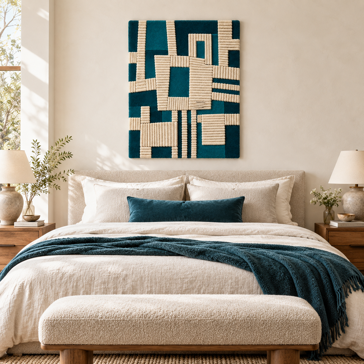Hewn Earth teal and ivory woven wall art featuring window patterns, decorative textile piece for home decor.