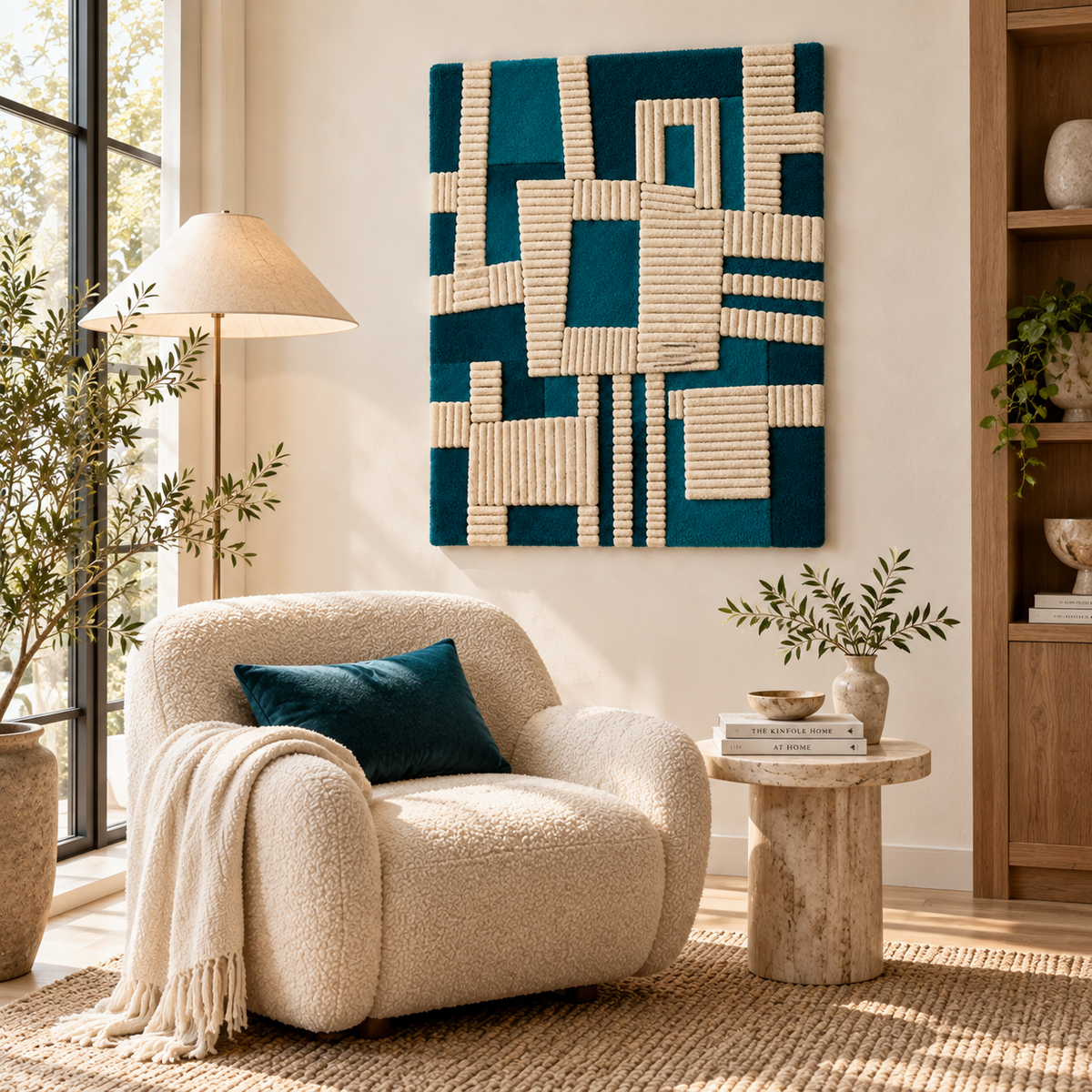 Hewn Earth teal and ivory woven wall art featuring window-like design, decorative textured woven pattern for interior decor.