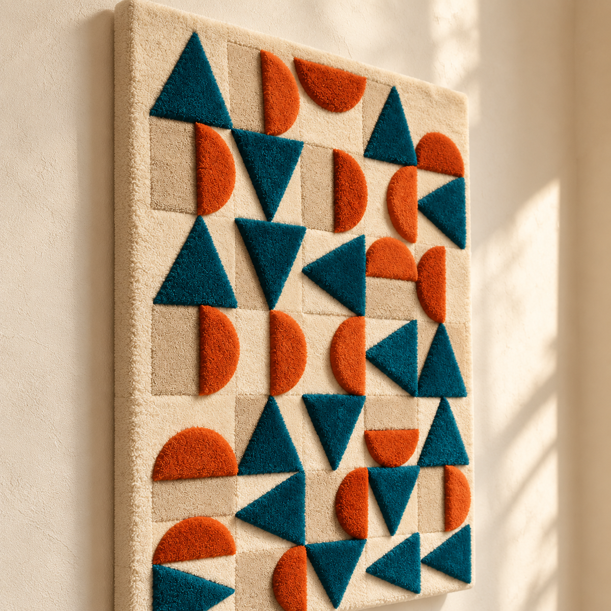 Teal terracotta shape mosaic wall art by Hewn Earth, featuring geometric tile patterns in vibrant teal and earthy tones.