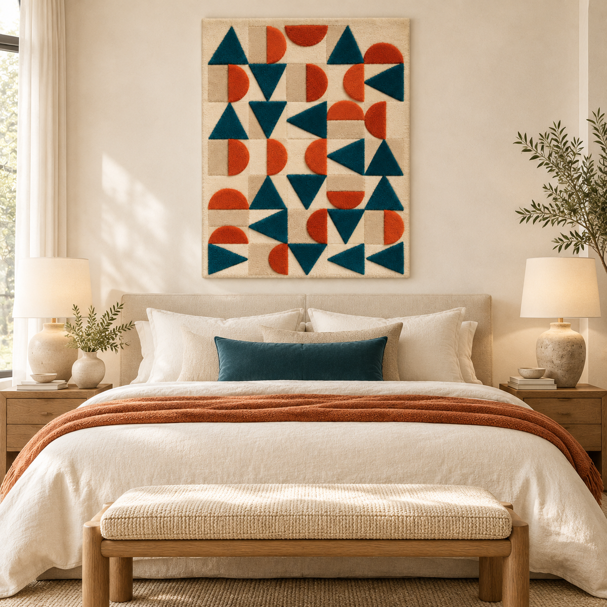 Hewn Earth teal terracotta shape mosaic wall art with geometric patterns, displayed on a room wall for decorative appeal.