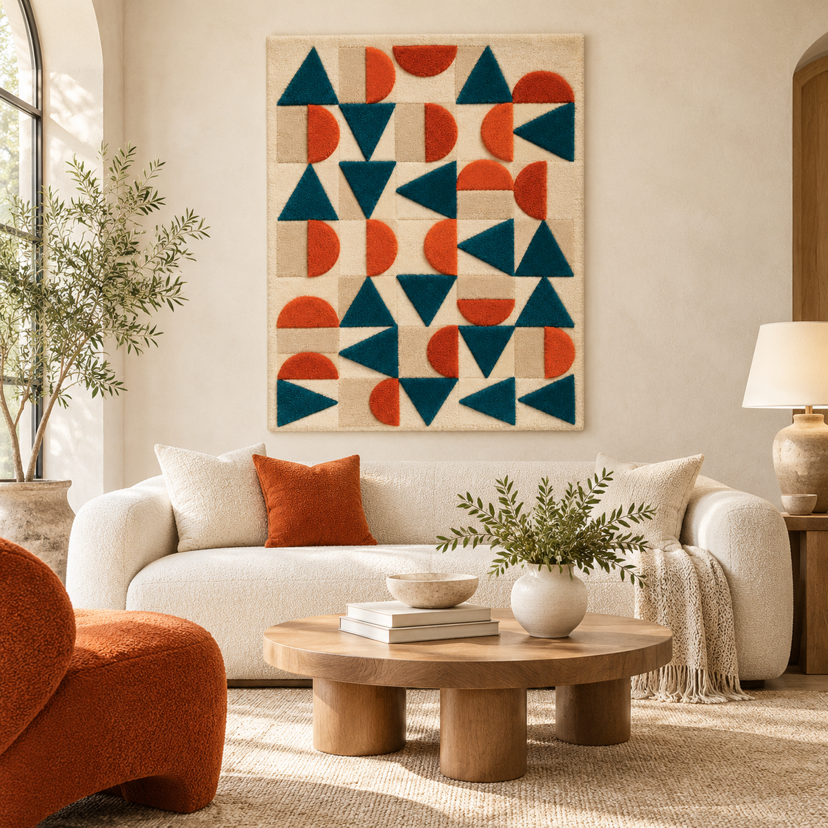 Teal terracotta shape mosaic wall art by Hewn Earth featuring geometric tile patterns displayed on a room wall.