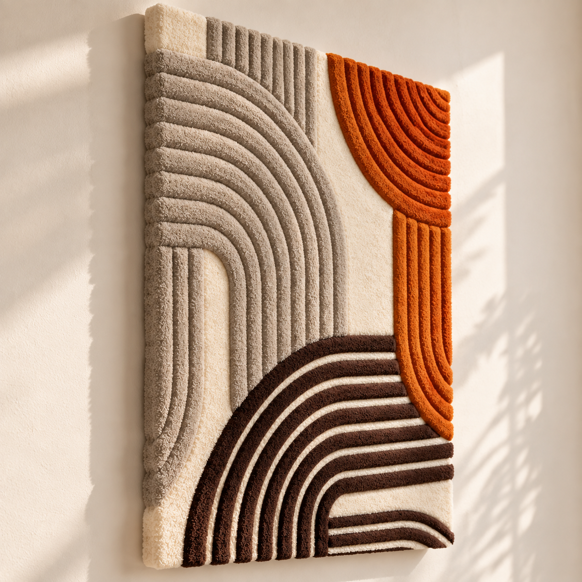 Hewn Earth wall art featuring terracotta and cocoa ribbed arches with a modern, textured design for interior decor.