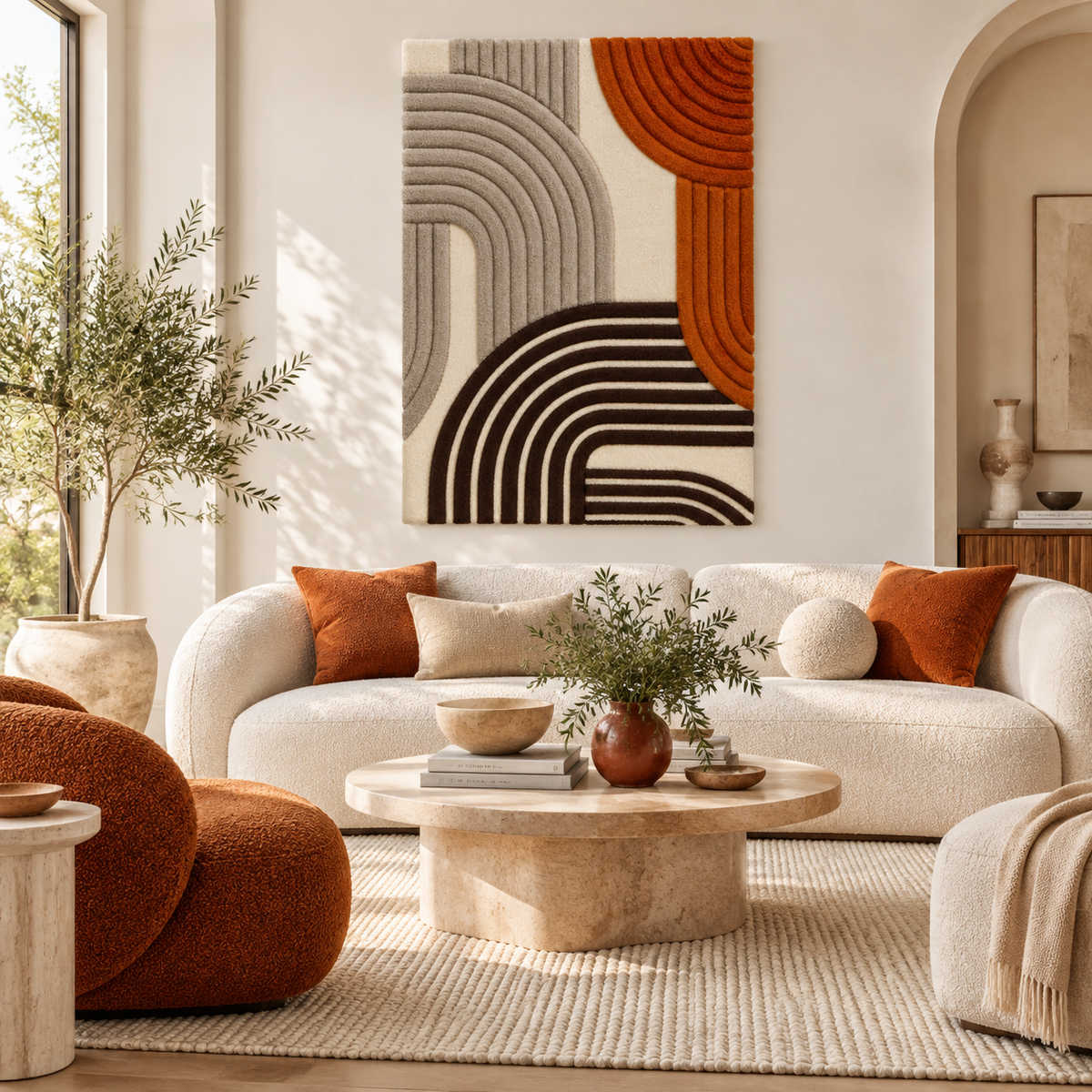 Hewn Earth terracotta and cocoa ribbed arches wall art with layered textured design for modern interior decor.