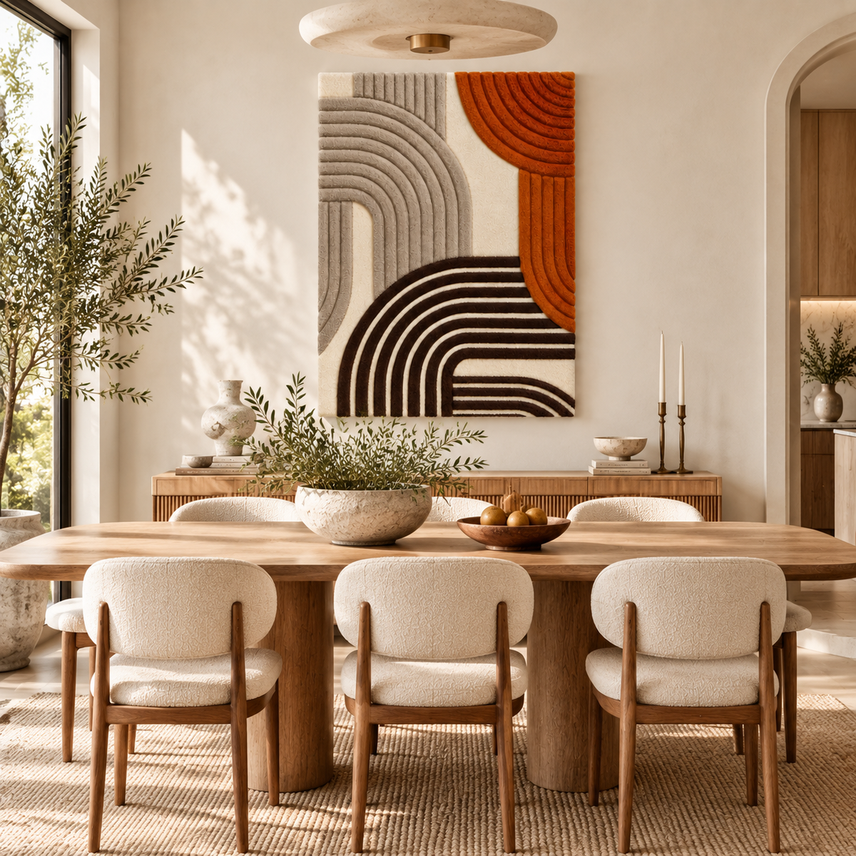 Hewn Earth wall art featuring terracotta and cocoa ribbed arches with textured, curved design for modern interior decor.