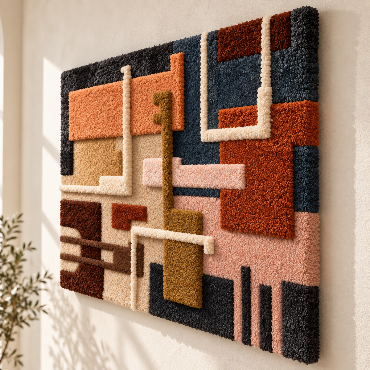 Hewn Earth terracotta circuit wall art blocks arranged in geometric pattern, showcasing earthy tones and textured surface.