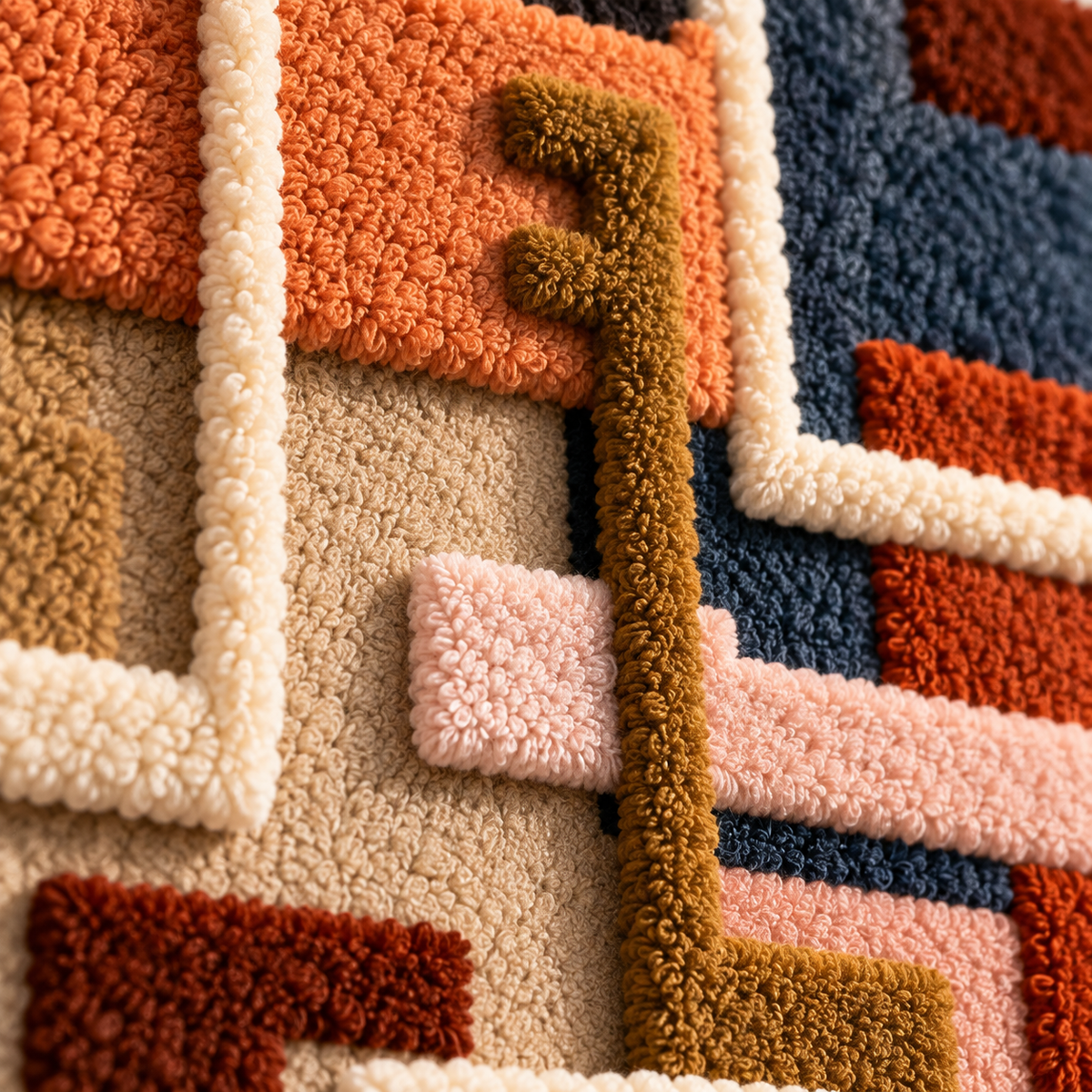 Close-up of Hewn Earth terracotta circuit blocks used as modern wall art, showcasing textured geometric patterns.