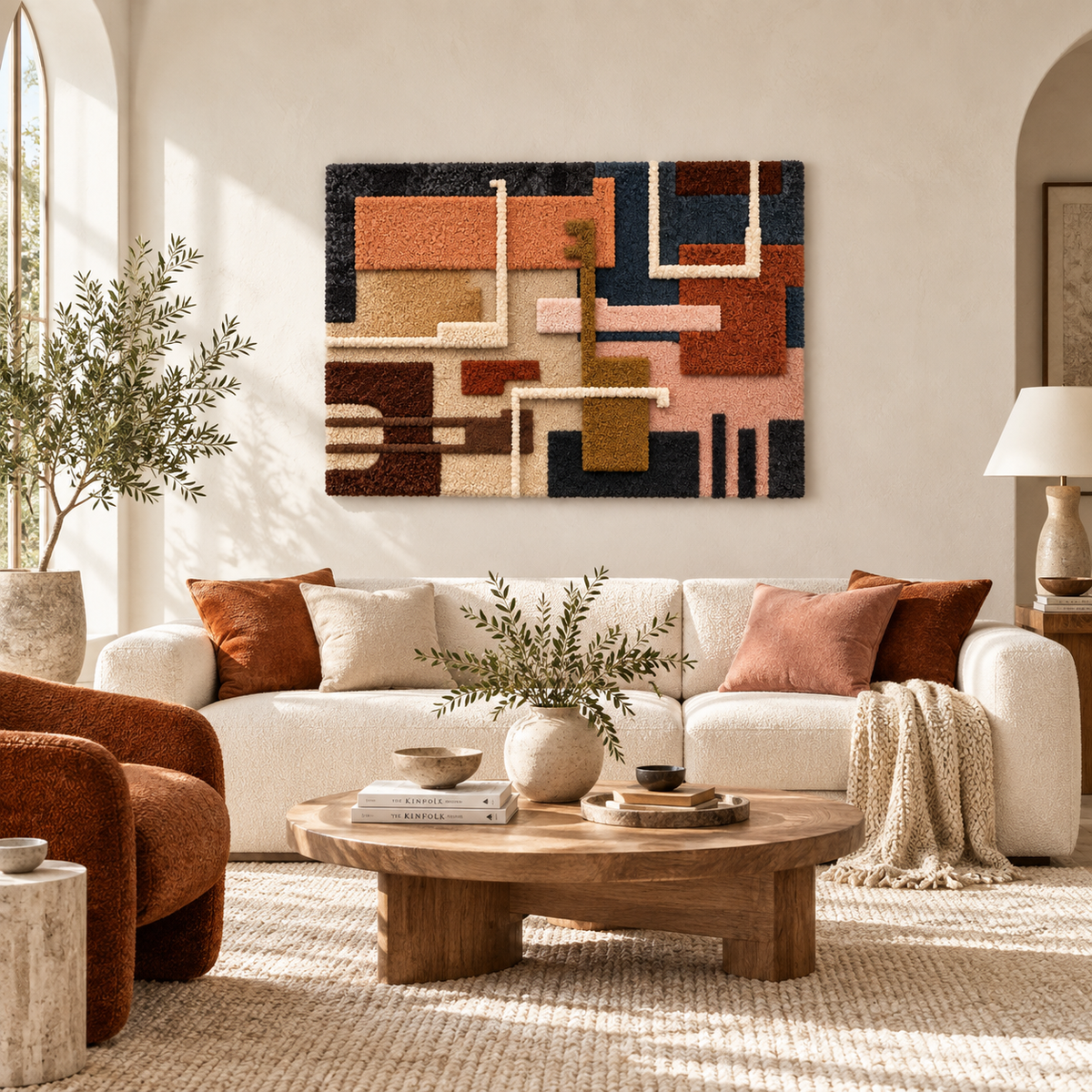 Hewn Earth terracotta circuit wall art blocks arranged decoratively on a room wall, showcasing earthy tones and geometric design.