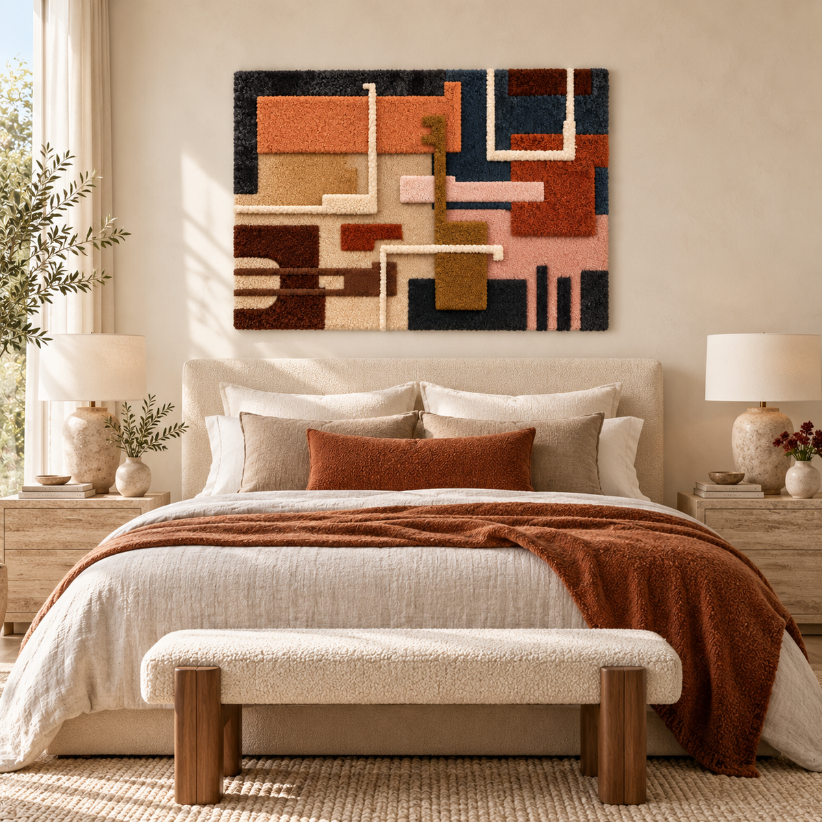 Hewn Earth terracotta circuit wall art blocks arranged on a wall, showcasing warm, earthy tones and geometric design.