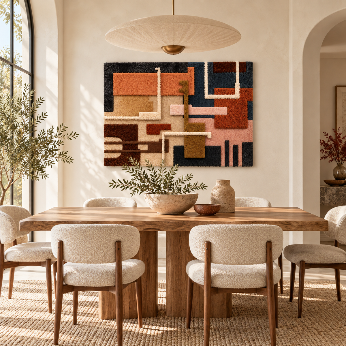 Hewn Earth terracotta circuit blocks wall art displayed on a room wall, showcasing earthy geometric terracotta designs.