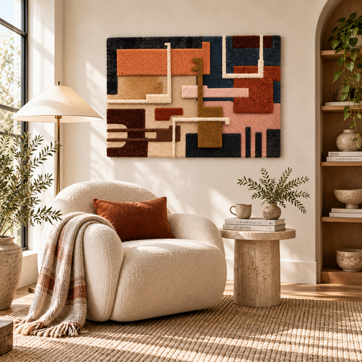 Hewn Earth terracotta circuit blocks wall art arrangement displayed on a room wall, showcasing earthy tones and geometric design.