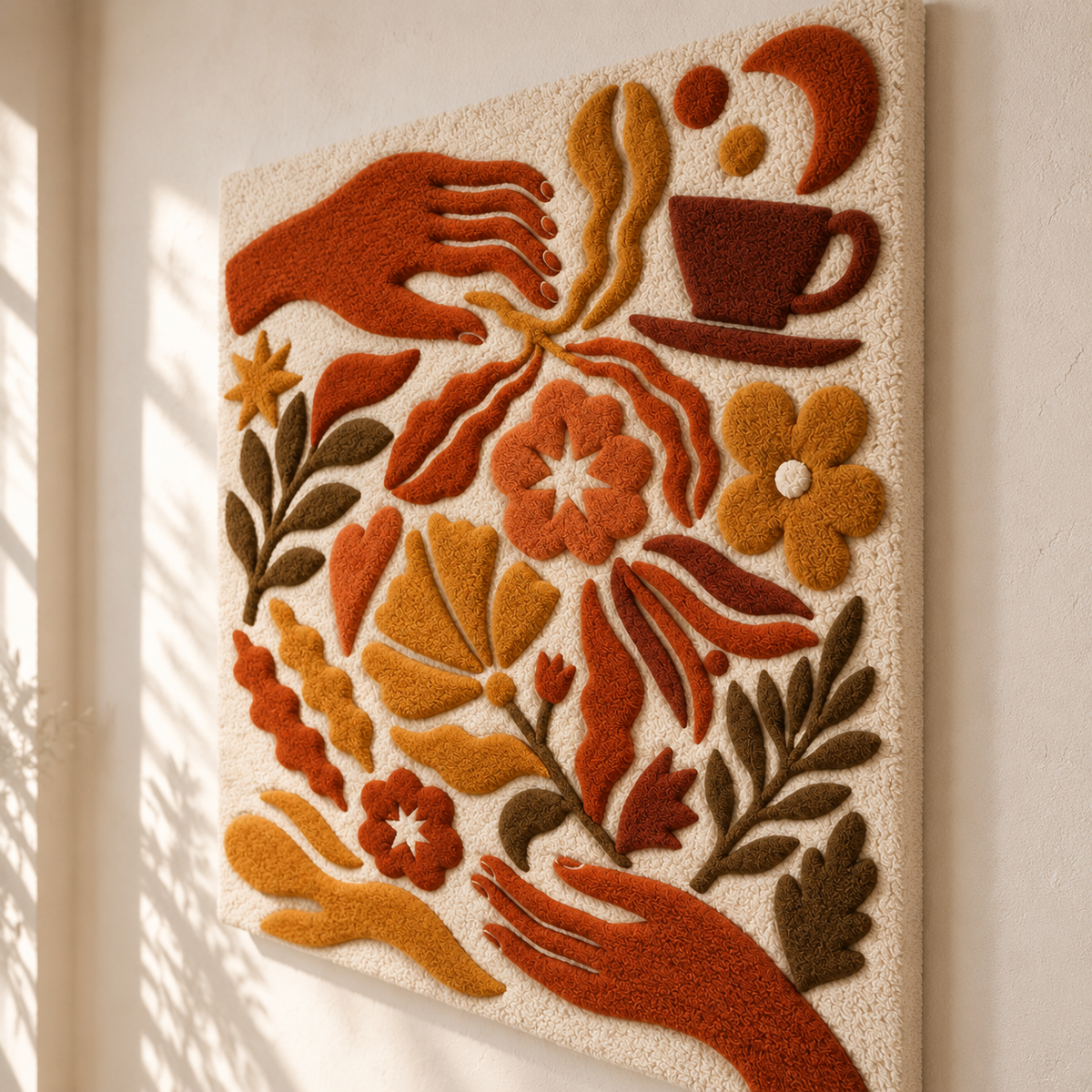 Hewn Earth terracotta coffee garden wall art featuring a detailed coffee plant scene with lush leaves and ripe coffee cherries.