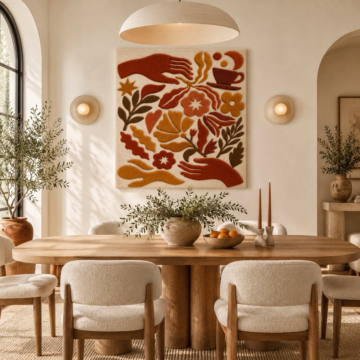 Hewn Earth terracotta wall art featuring a coffee garden scene, decorative ceramic piece for interior wall decor.
