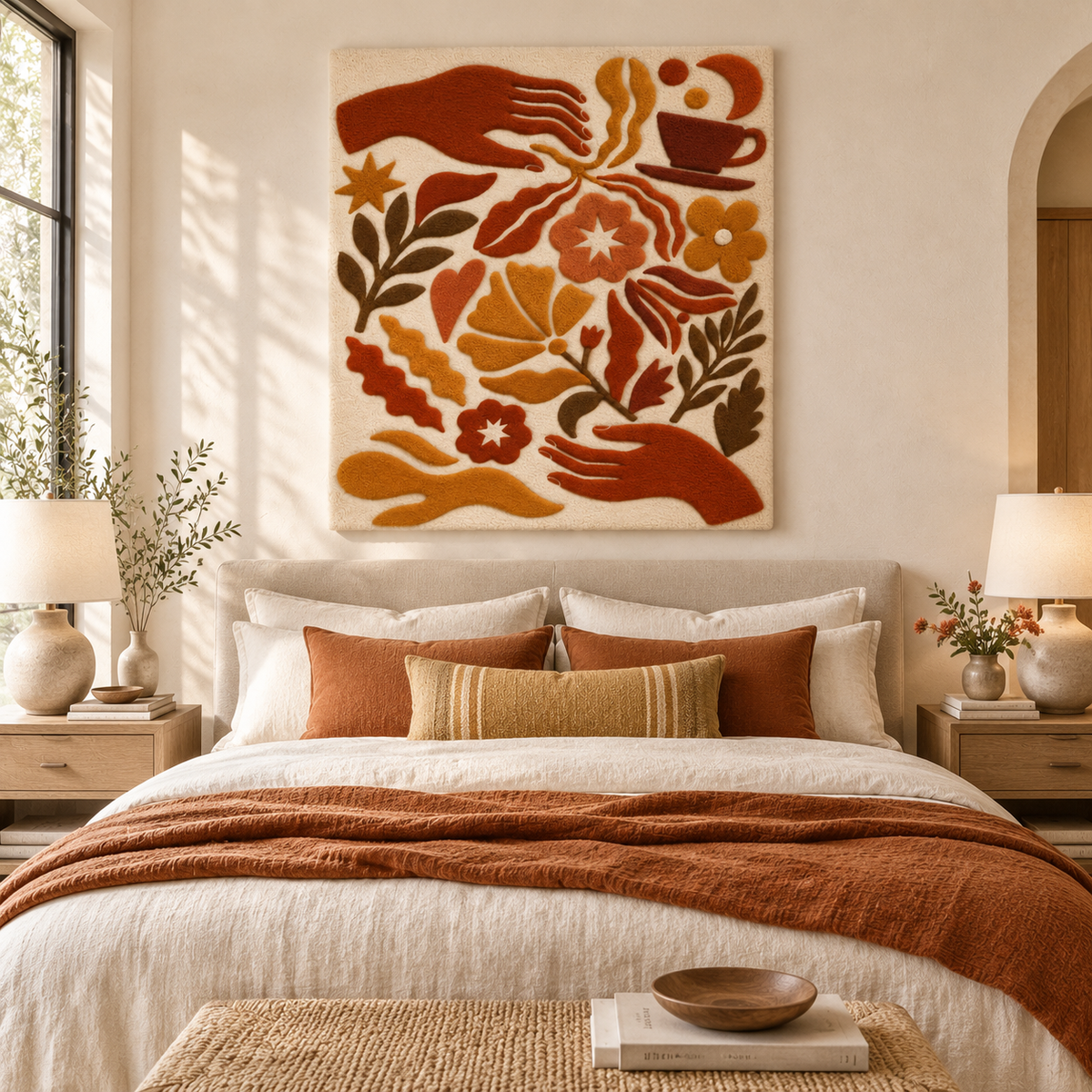 Hewn Earth terracotta coffee garden wall art displayed on a living room wall with indoor plants and modern decor.