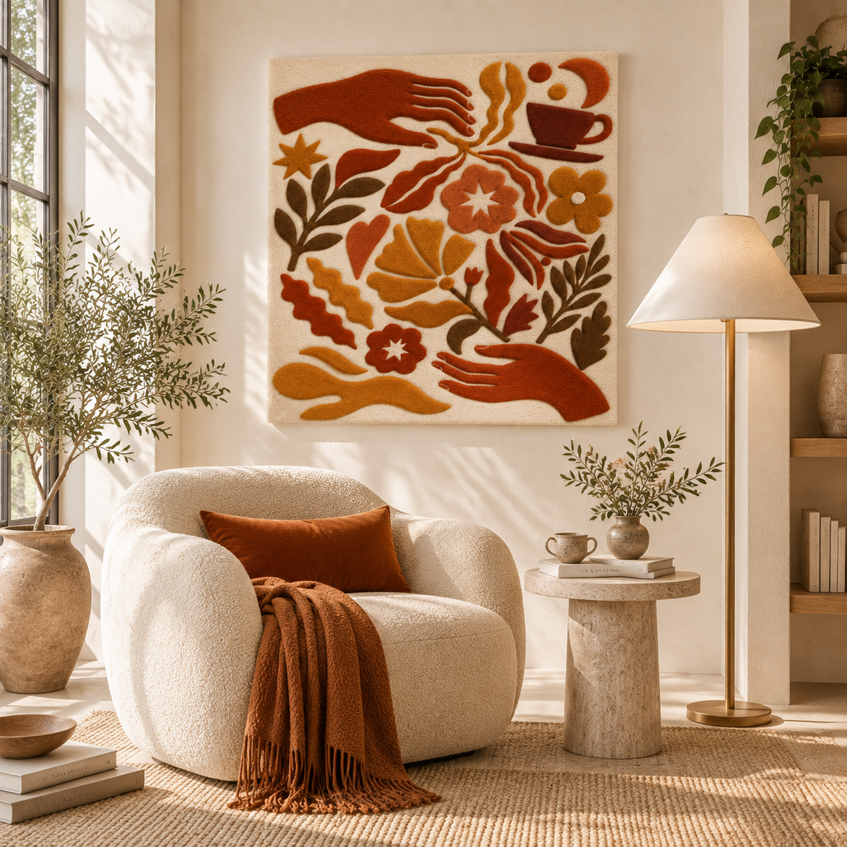 Hewn Earth terracotta coffee garden wall art displayed in a room scene, showcasing warm earthy tones and decorative design.