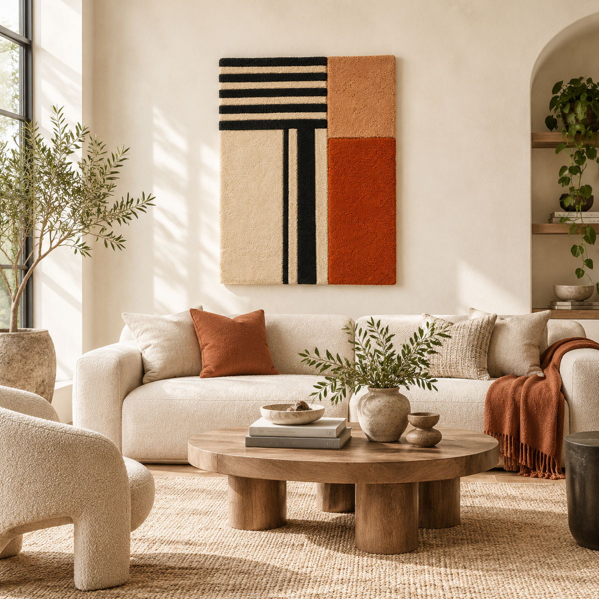 Hewn Earth terracotta Crossline Study wall art displayed on a room wall, showcasing warm earthy tones and geometric design.