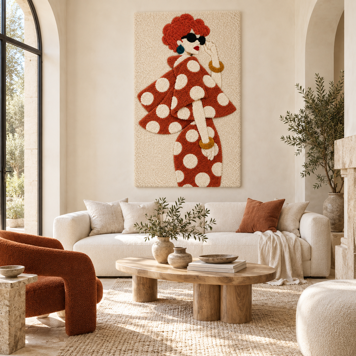 Hewn Earth terracotta dots and golden hoops wall art with geometric design, displayed on a neutral-colored wall.