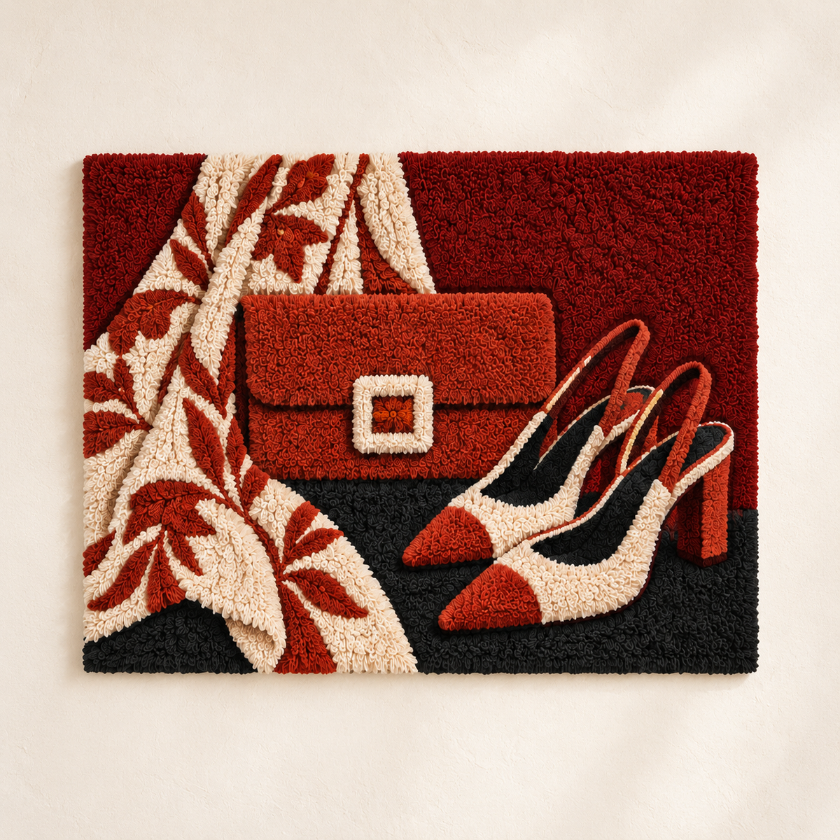 Hewn Earth terracotta wall art featuring an ensemble with a leaf-shaped scarf design, displayed against a light background.