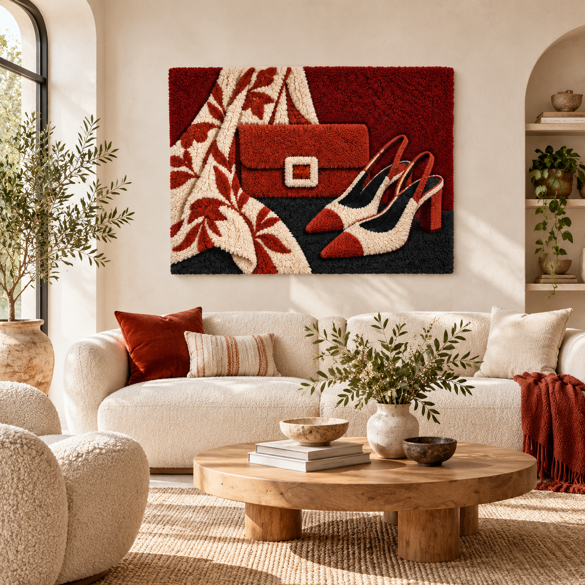 Hewn Earth terracotta wall art featuring a leaf motif and a fabric scarf, displayed in a well-lit room setting.