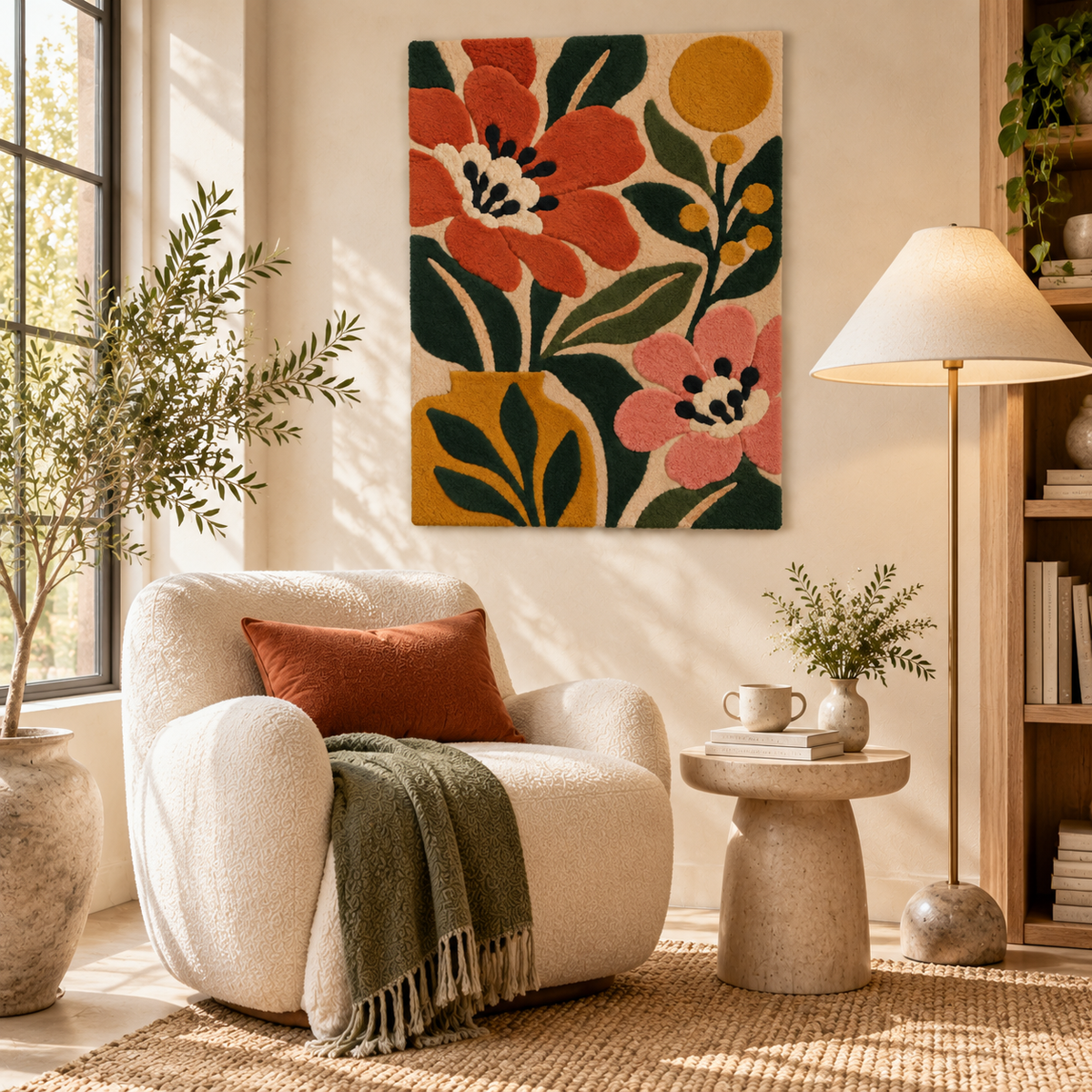 Hewn Earth terracotta garden wall art in golden light, showcasing intricate terracotta plant and garden scene on a wall.
