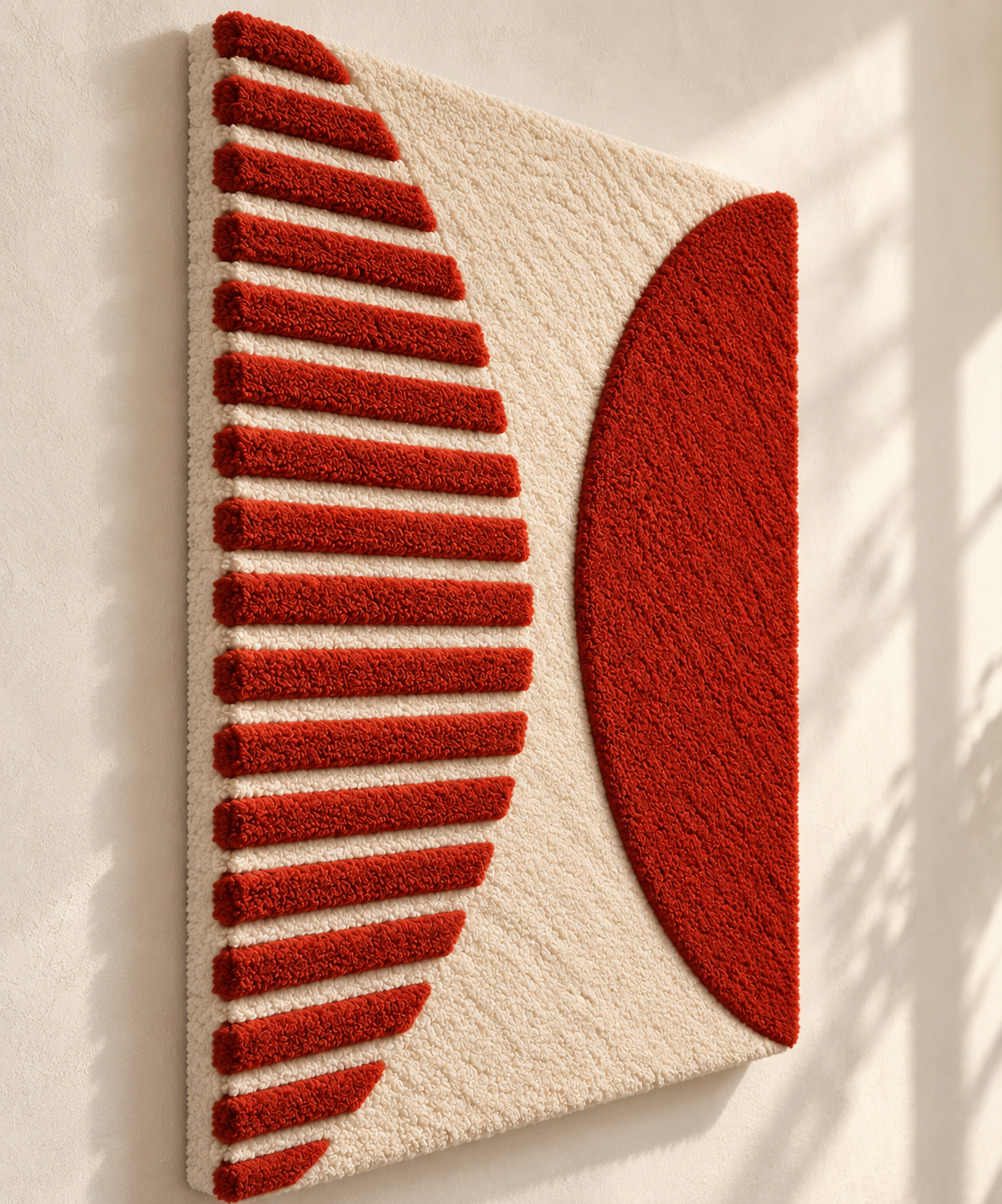 Hewn Earth terracotta half-moon wall art displayed at an angle, showcasing its textured, earthy ceramic surface.
