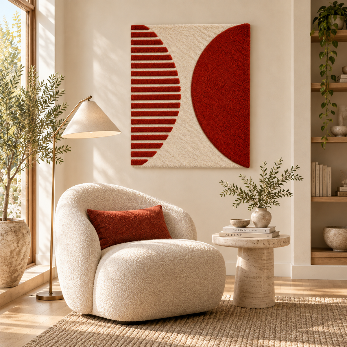Hewn Earth terracotta half-moon wall art, Counterpoint design, with textured surface and warm earthy tones, displayed on a room wall.