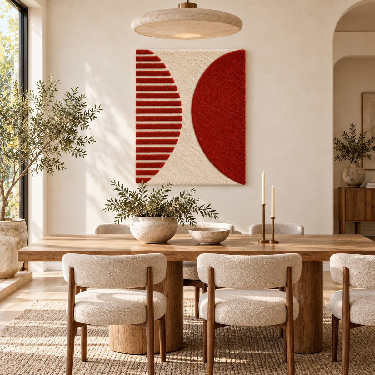 Hewn Earth terracotta half-moon wall art with geometric design, displayed on a neutral-colored room wall.