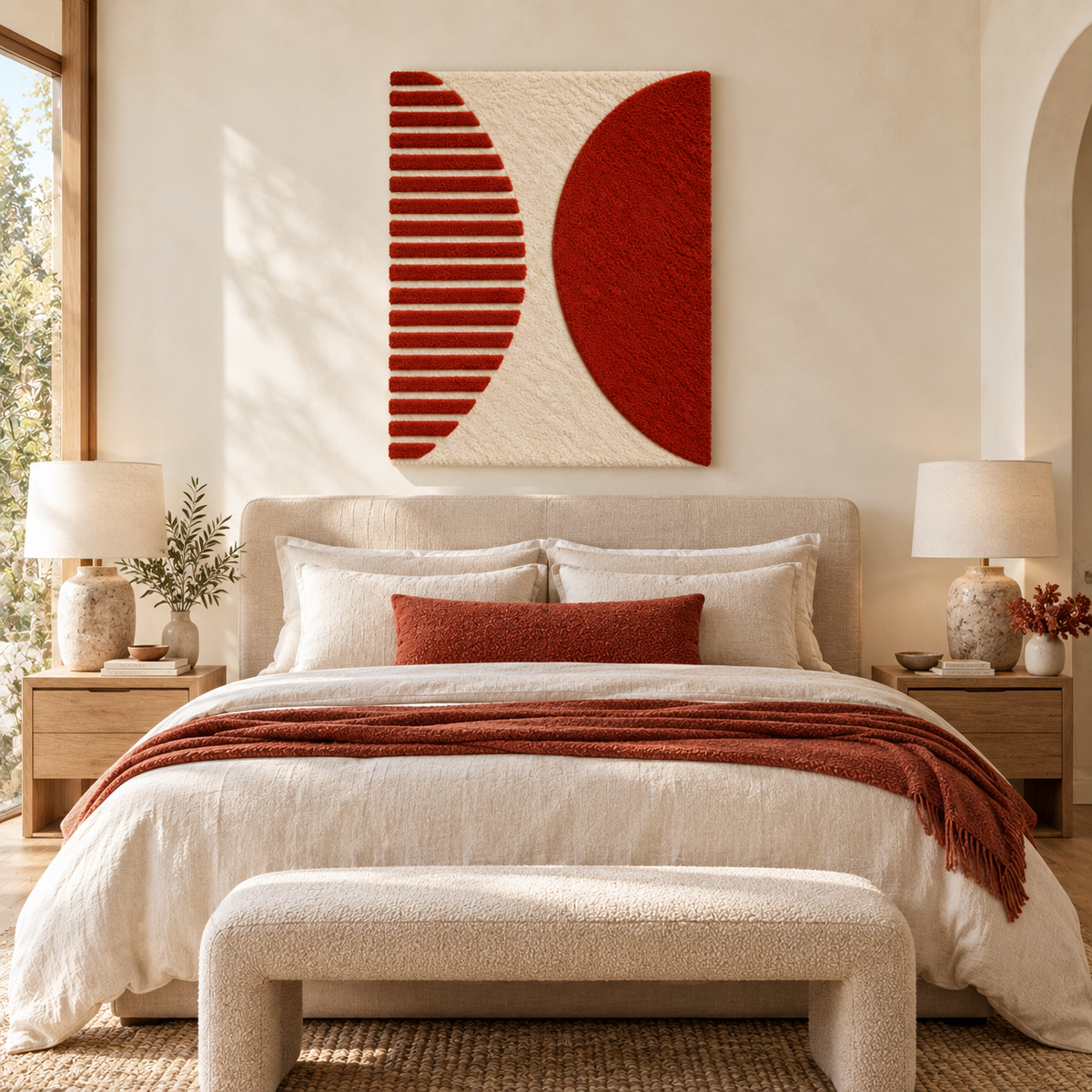 Hewn Earth terracotta half-moon wall art, Counterpoint design, decorative ceramic piece hanging on a room wall.