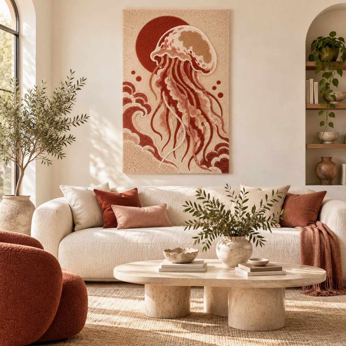 Hewn Earth terracotta jellyfish moon wall art hanging on a room wall, showcasing textured, earthy ceramic design.
