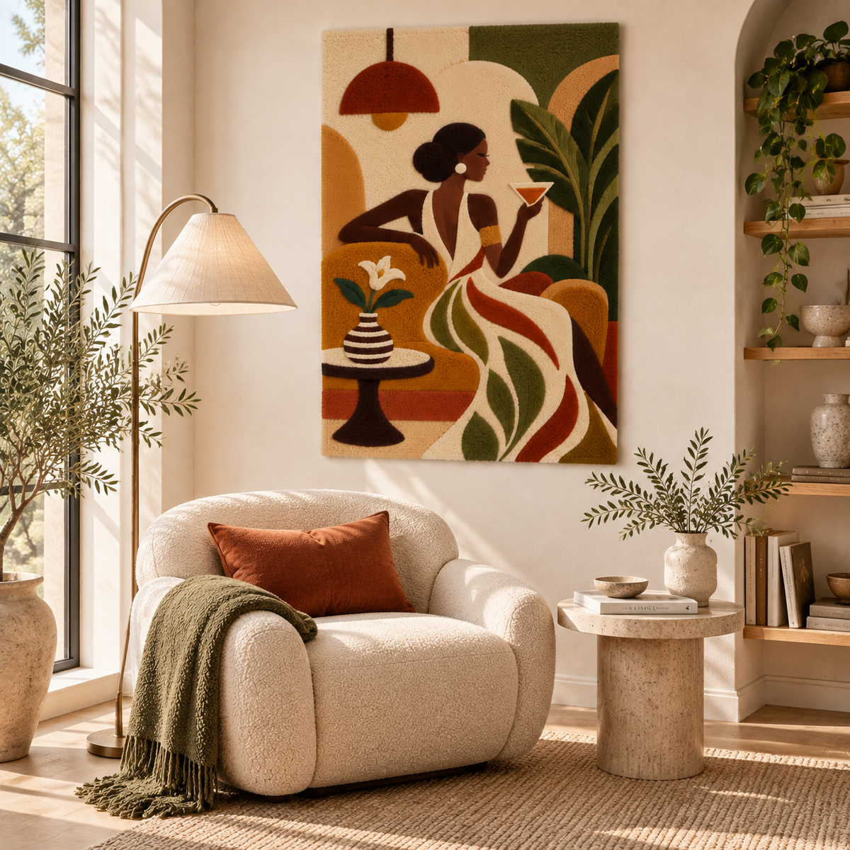 Hewn Earth Terracotta Lounge Reverie wall art displayed in a living room setting with warm terracotta tones and abstract design.