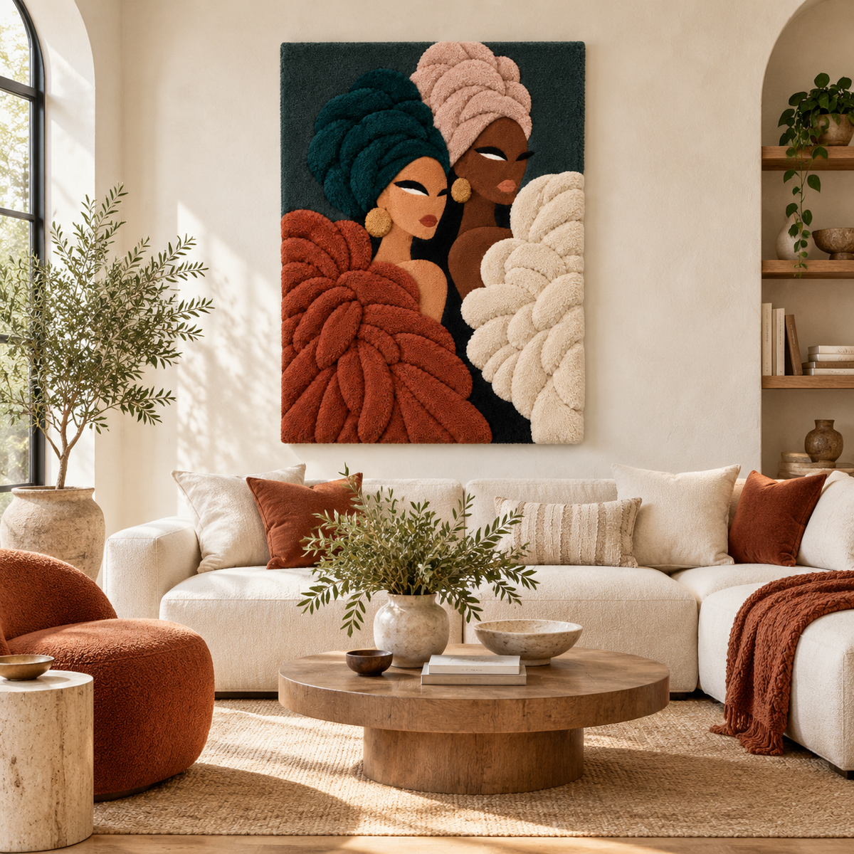 Hewn Earth Terracotta Plumes Tender Companions wall art featuring handcrafted terracotta sculptures on a neutral room wall