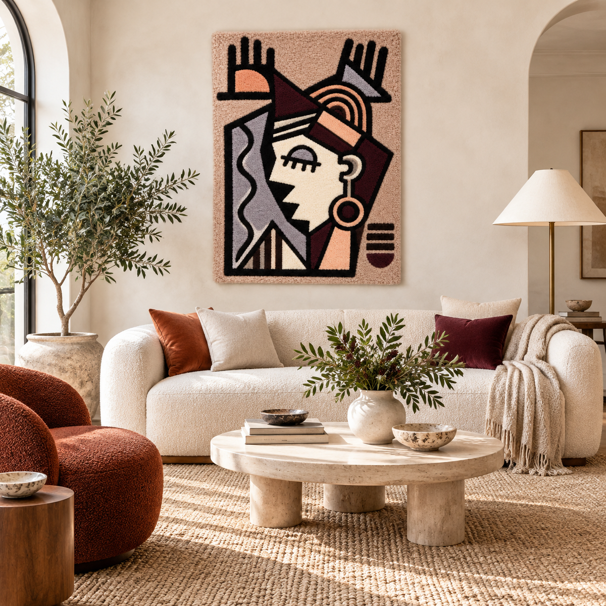 Hewn Earth terracotta wall art titled "Rhythm with Raised Hands" featuring a textured, abstract design on a neutral-colored wall.