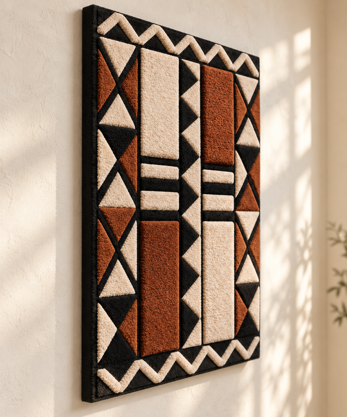 Hewn Earth terracotta triangle wall art columns arranged in an artistic display, showcasing warm earthy tones and geometric design.