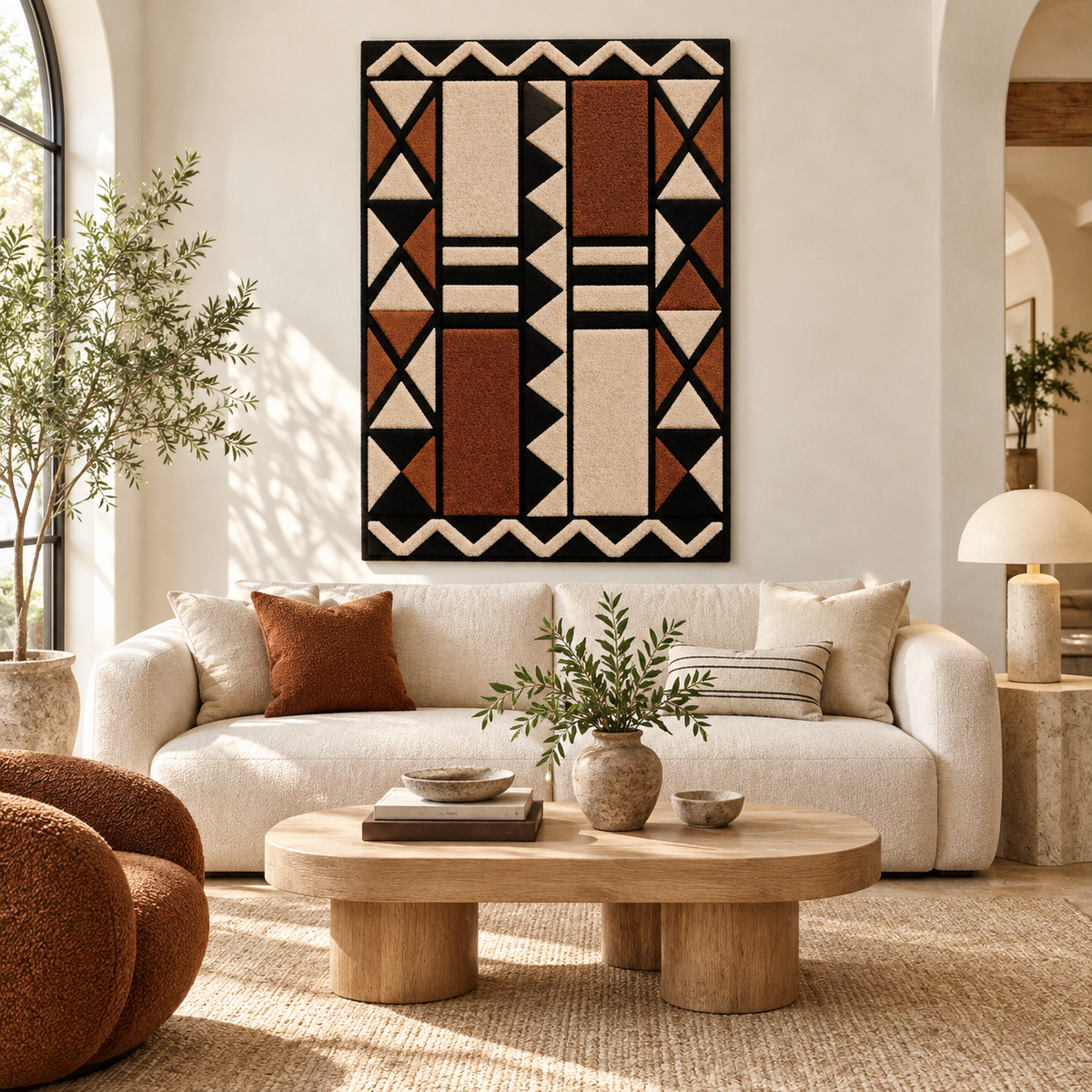 Hewn Earth terracotta triangle wall art columns arranged in a room setting, showcasing earthy geometric decor elements.