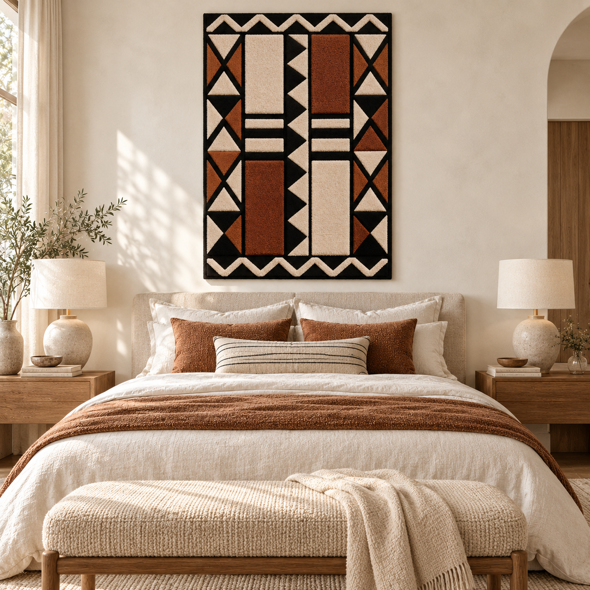 Hewn Earth terracotta triangle wall art columns arranged in a modern interior setting, showcasing warm earthy tones and geometric design.