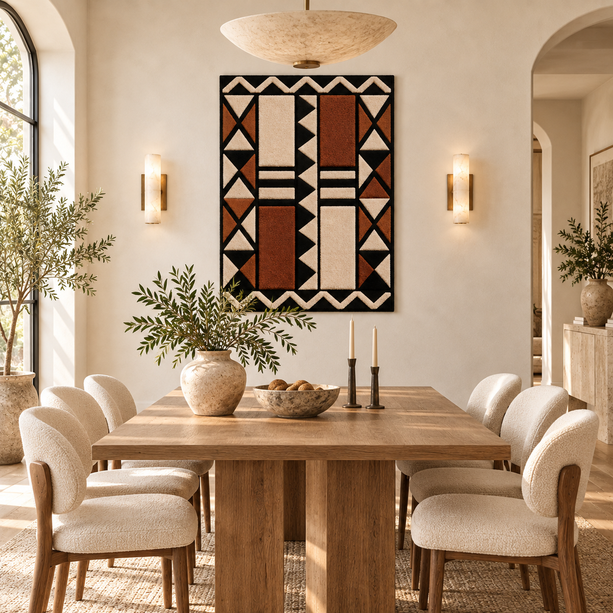 Hewn Earth terracotta triangle wall art columns arranged on a wall, showcasing textured geometric terracotta design.