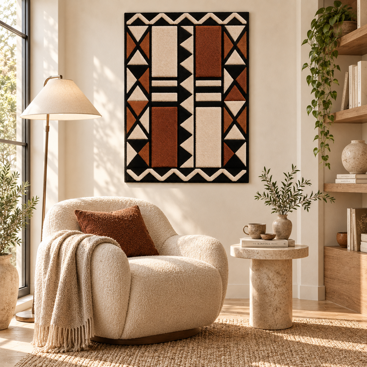 Hewn Earth terracotta triangle wall art columns arranged on a room wall, showcasing earthy geometric decorative pieces.
