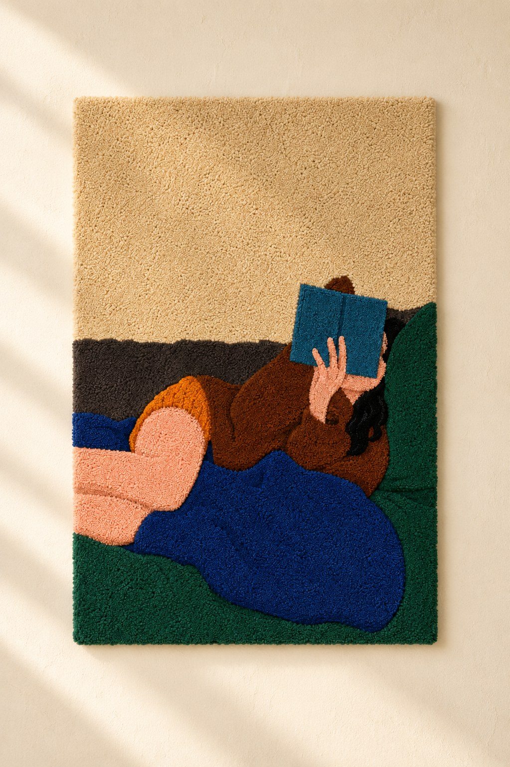 Hewn Earth Blue Book Afternoon wall art featuring a serene abstract blue and beige landscape painting.
