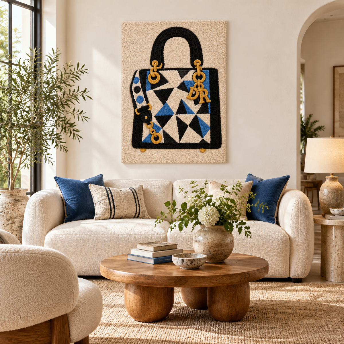 Blue triangle handbag wall art by Hewn Earth displayed in a room scene, showcasing modern geometric design as wall decor.