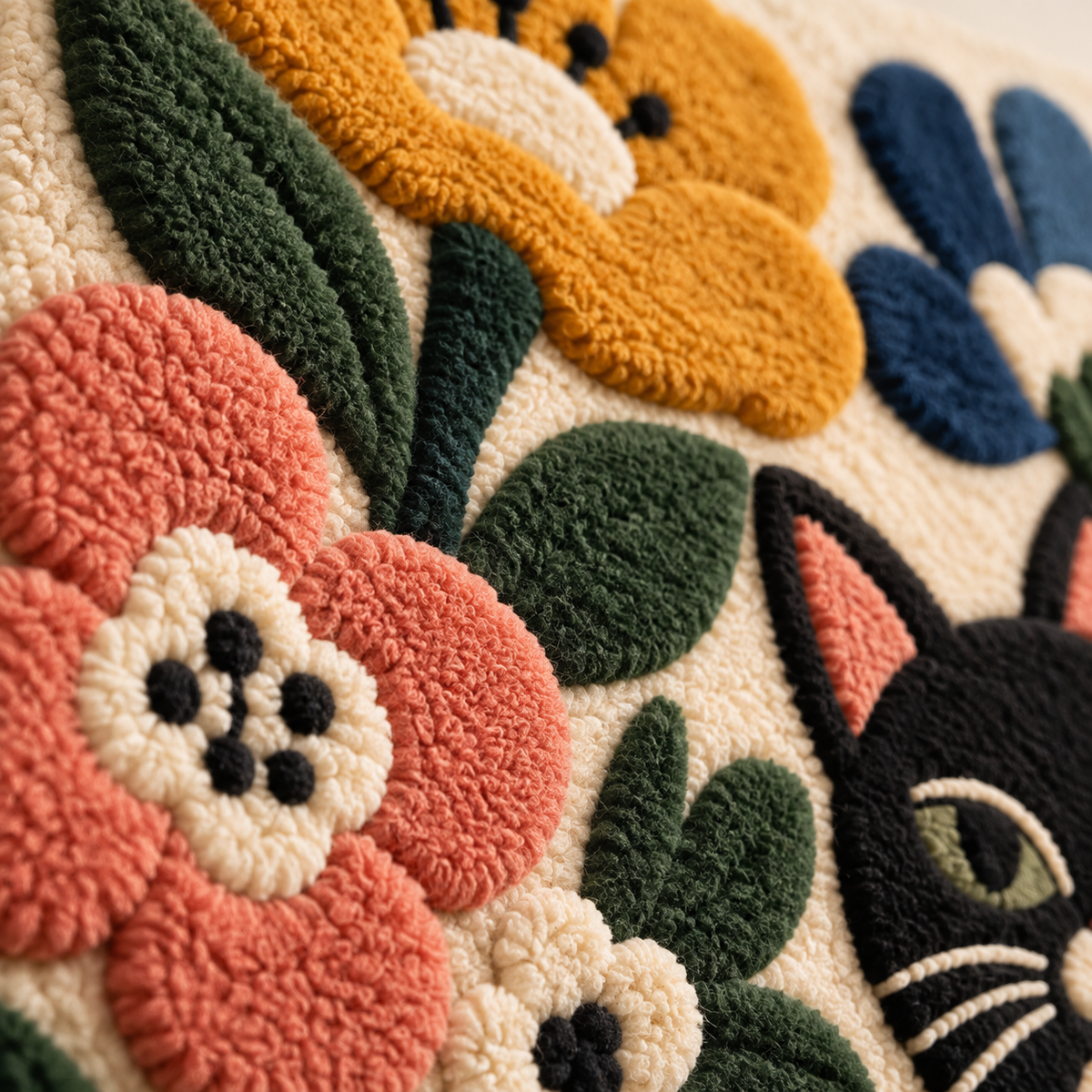 The Cat Among Blossoms — tufted wool texture detail