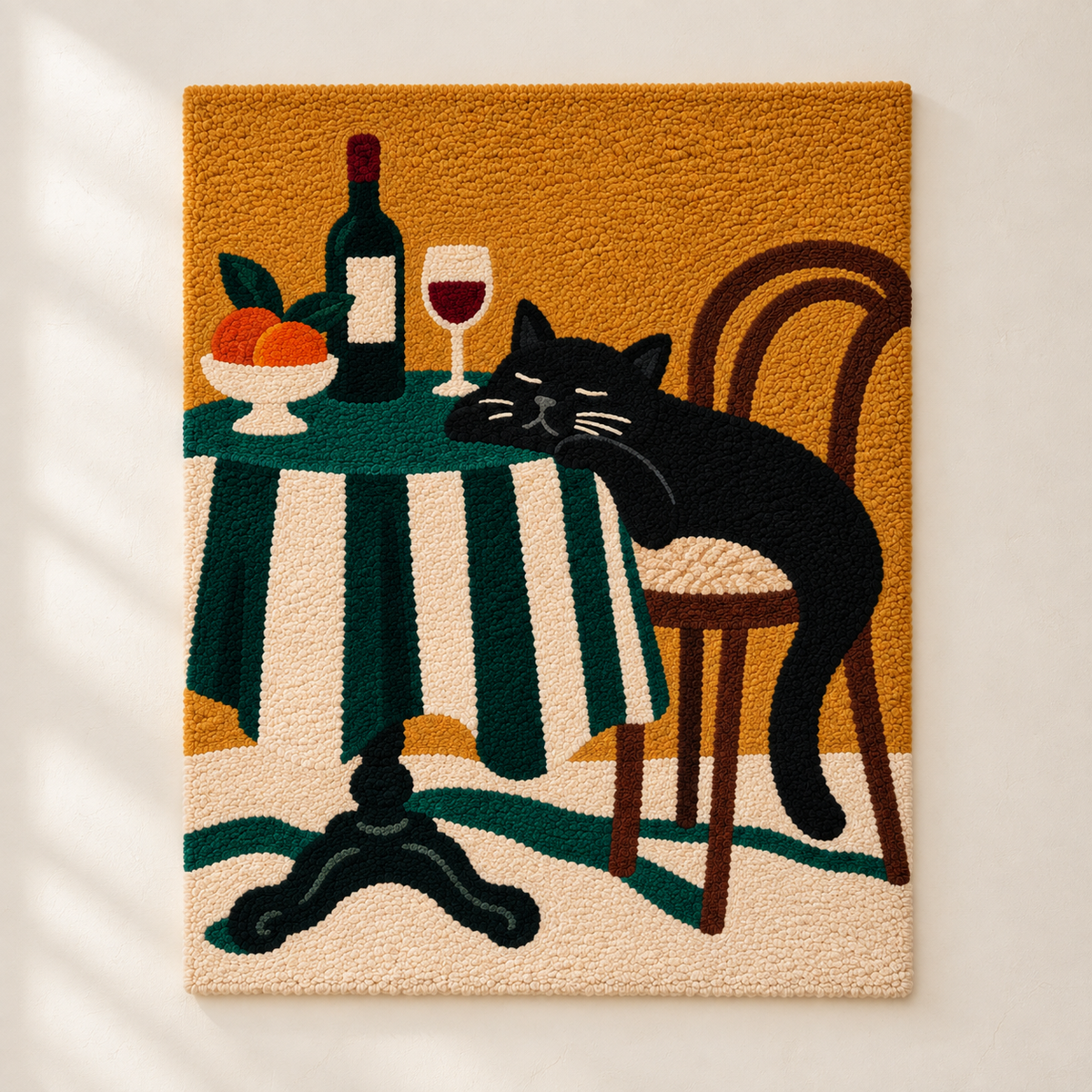 Wall art featuring a cat sitting at a wine table, by Hewn Earth, with a cozy and artistic design for home decor.