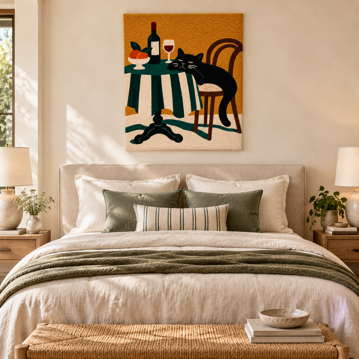 Wall art featuring a cat sitting at a wine table, depicting a cozy room scene, by Hewn Earth.